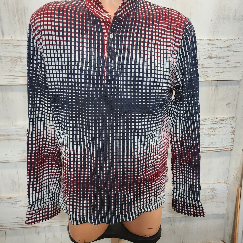 Missoni Mens Knit Shirt Navy Blue Red Grid Pattern Made in Italy Long Sleeve
